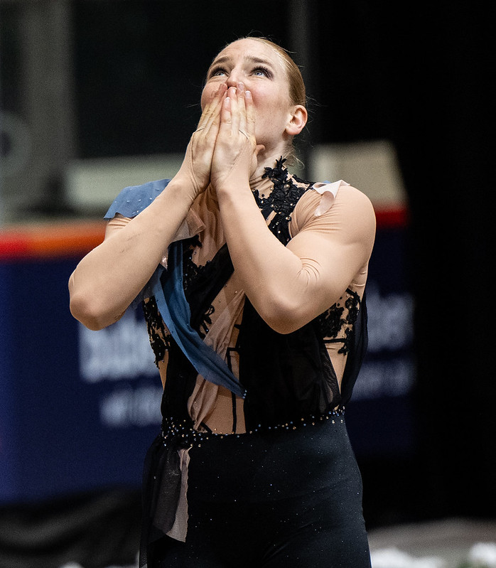 ILONA HANNICH of Switzerland reacts after performing in the Nations Team 1