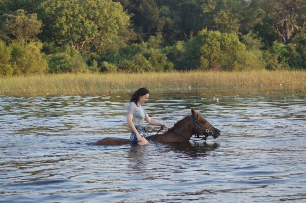 Elena Bajona in sella ad un cavallo arabo mentre fanno il bagno insieme nel fiume in Okavango