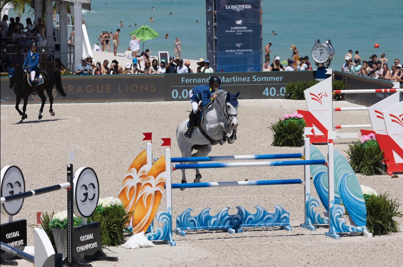 Fernando Martinez Sommer jumping an oxer at the LGCT of Miami 2024, riding Lady Van de Haarterhoeve