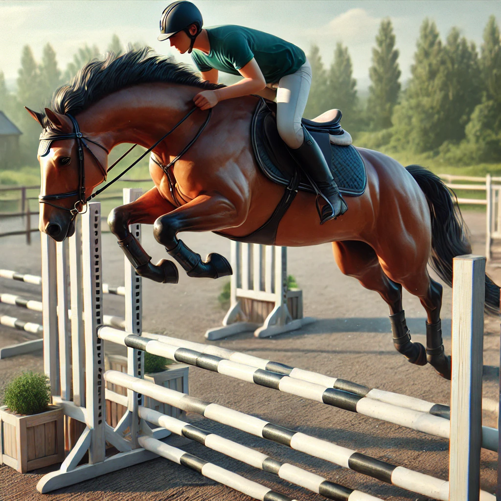 cavallo sul salto durante un allenamento di equitazione in sicurezza