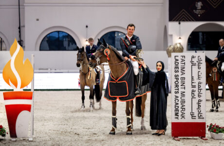 Constant van Paesschen, winner of the FMBA CSI3* 1.45cm and Ms Shamsa Saif Alhanaee, Board Member of FBMA.