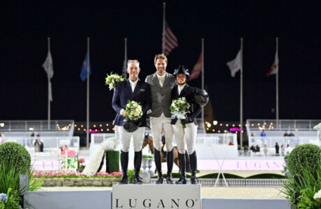 Cian O'Connor, Christian Kukuk, and Nina Mallevaey celebrating on the podium.